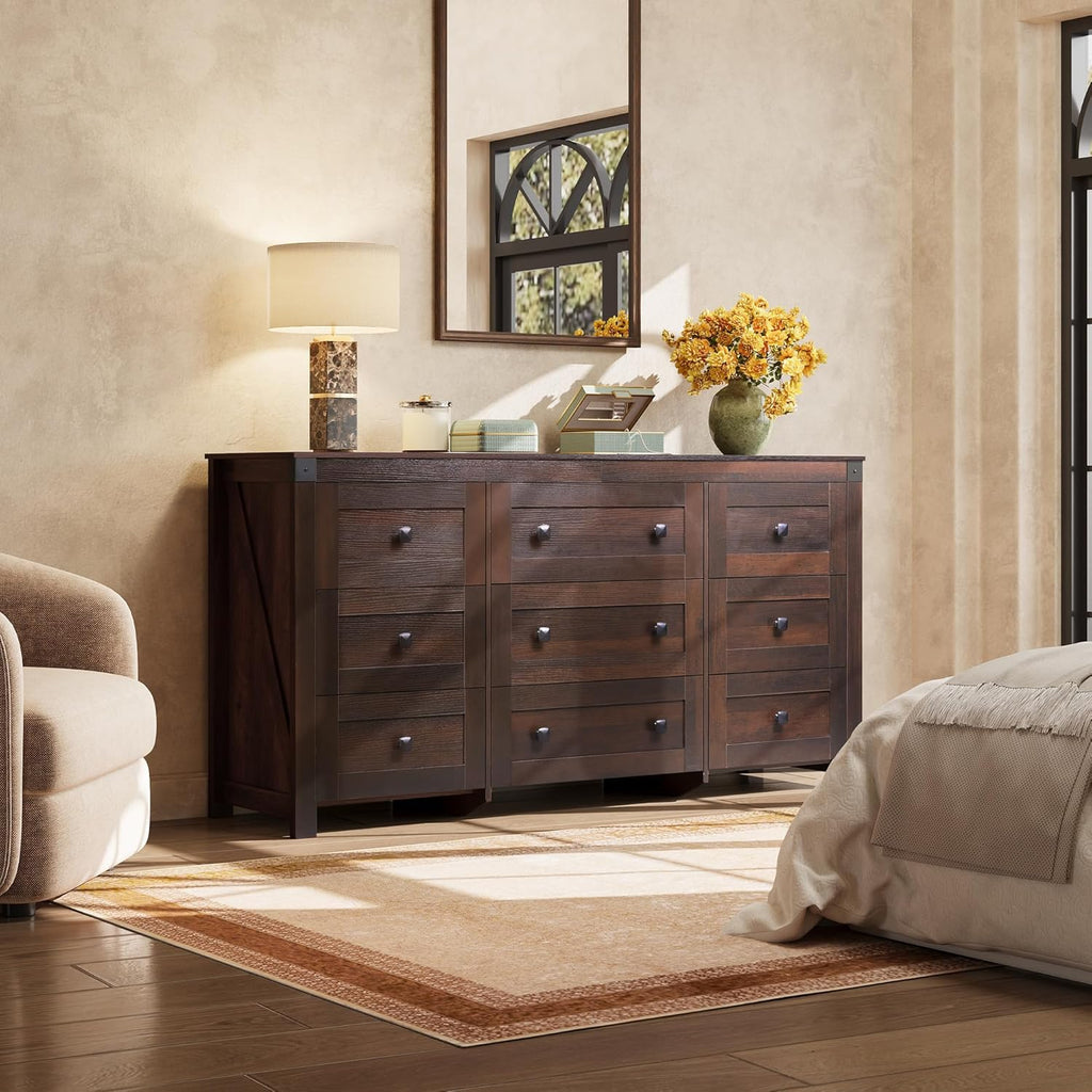 Commode LED à 9 tiroirs pour chambre à coucher, 148 cm de large, organiseur de rangement en bois avec prise électrique