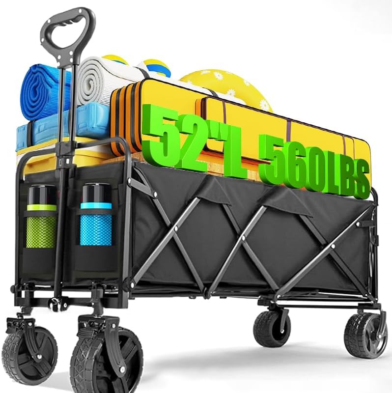 Chariot pliable à 4 roues, pliable, 37 pouces de long, capacité de 480 lb, chariot de plage robuste, chariot de courses avec roues