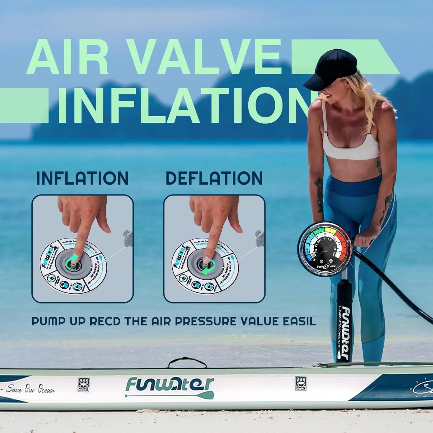 Planche de stand up paddle gonflable FunWater avec accessoires de pagaie SUP haut de gamme, pont EVA antidérapant, pagaie 11'/10'6'