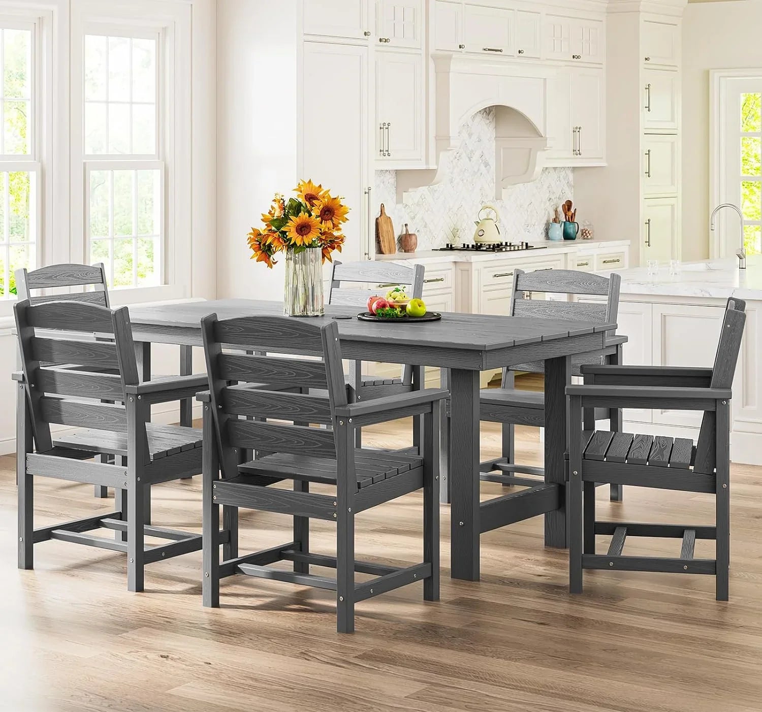 Ensemble de salle à manger d'extérieur en PEHD, 7 pièces, avec table découpée pour parasol et 6 chaises