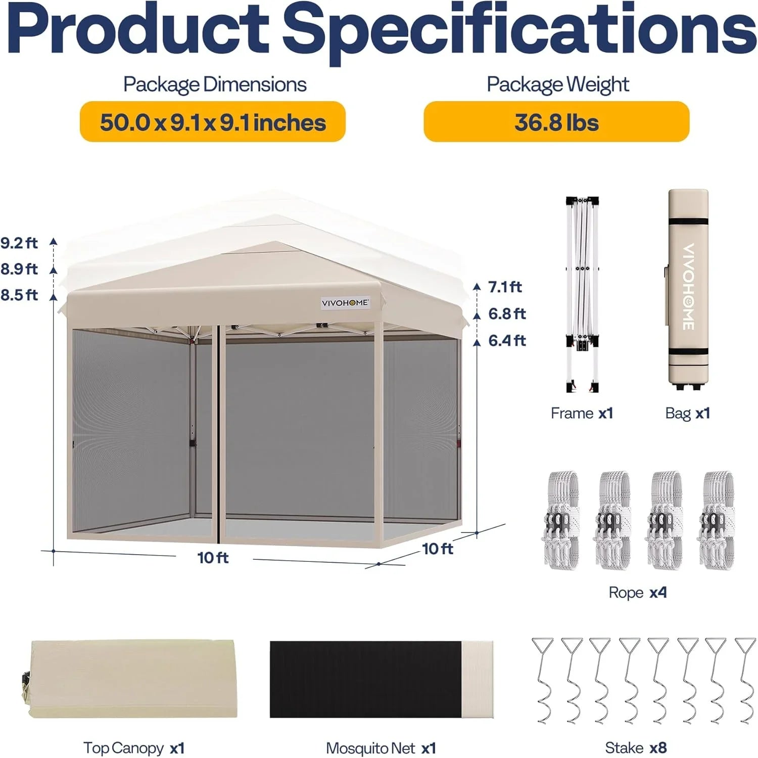 Auvent escamotable facile à monter de 10 x 10 pieds, tente moustiquaire d'extérieur avec moustiquaire, 2 portes à glissière et sac à roulettes
