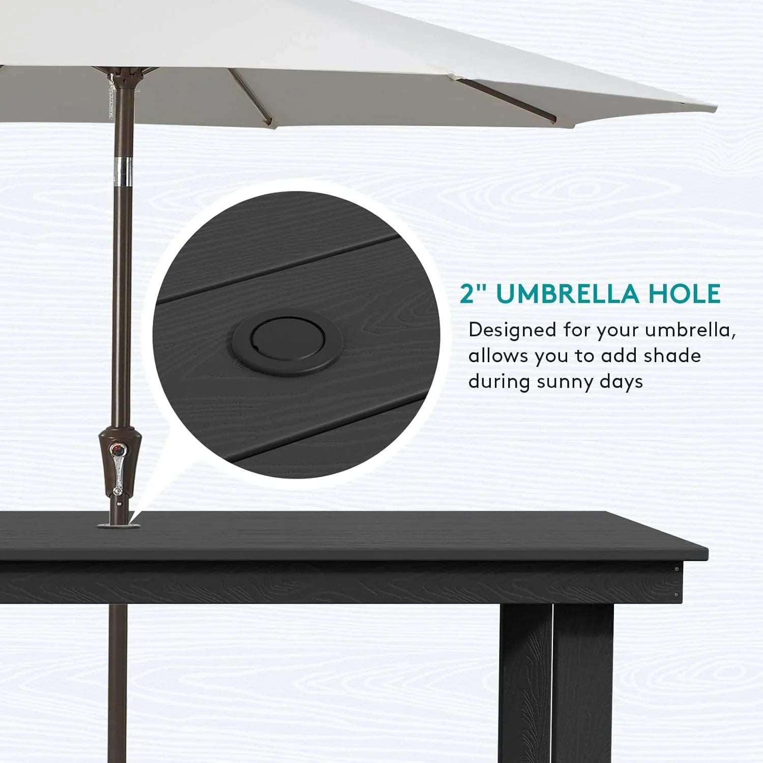 Ensemble de salle à manger d'extérieur en PEHD, 7 pièces, avec table découpée pour parasol et 6 chaises