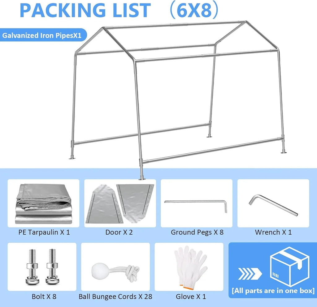Abri d'auto robuste de 6 x 8 pieds, garage portable avec parois latérales amovibles et porte, bâche quatre saisons