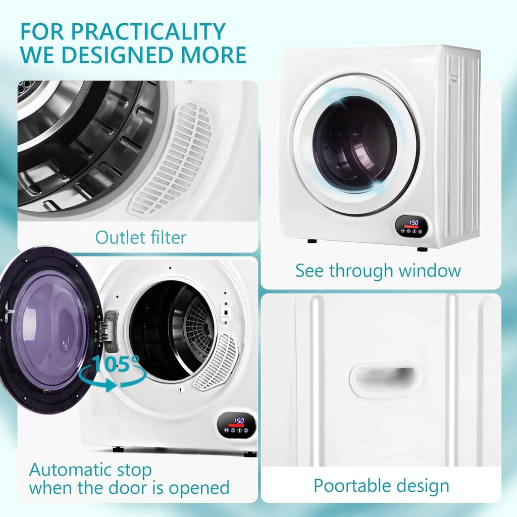 Sèche-linge compact, 3,5 pieds cubes, chargement frontal, acier inoxydable, avec tuyau d'évacuation, 1500 watts, panneau de commande LCD, sèche-linge portable à quatre fonctions