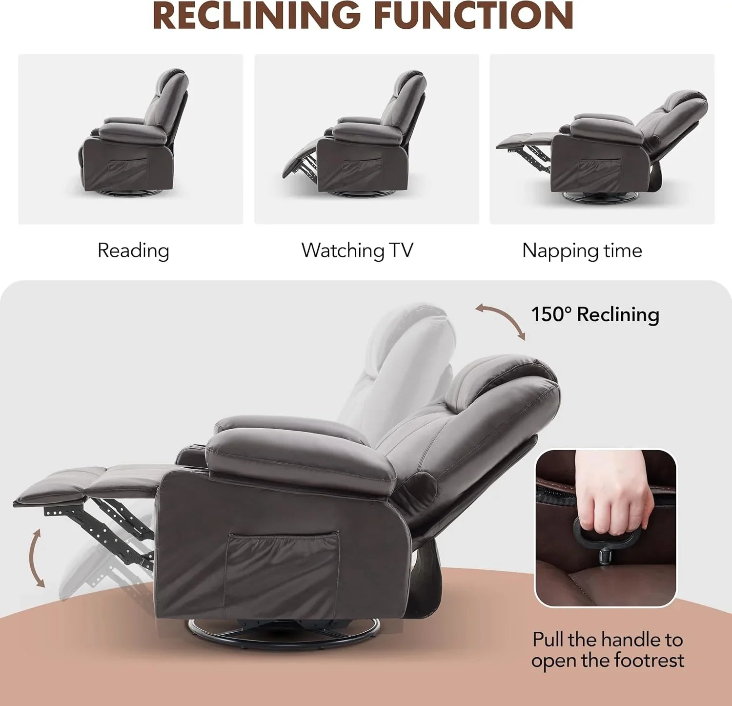 Grand fauteuil inclinable pivotant à bascule avec fonction chauffage et massage, canapé simple pivotant à 360 degrés