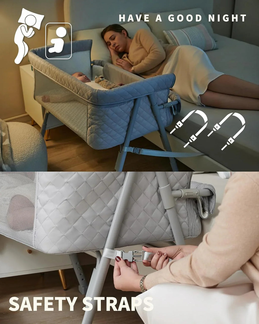 Berceau de chevet pour nouveau-né, berceau de chevet avec 4 positions de verrouillage automatique et hauteur réglable, maille respirante et matelas