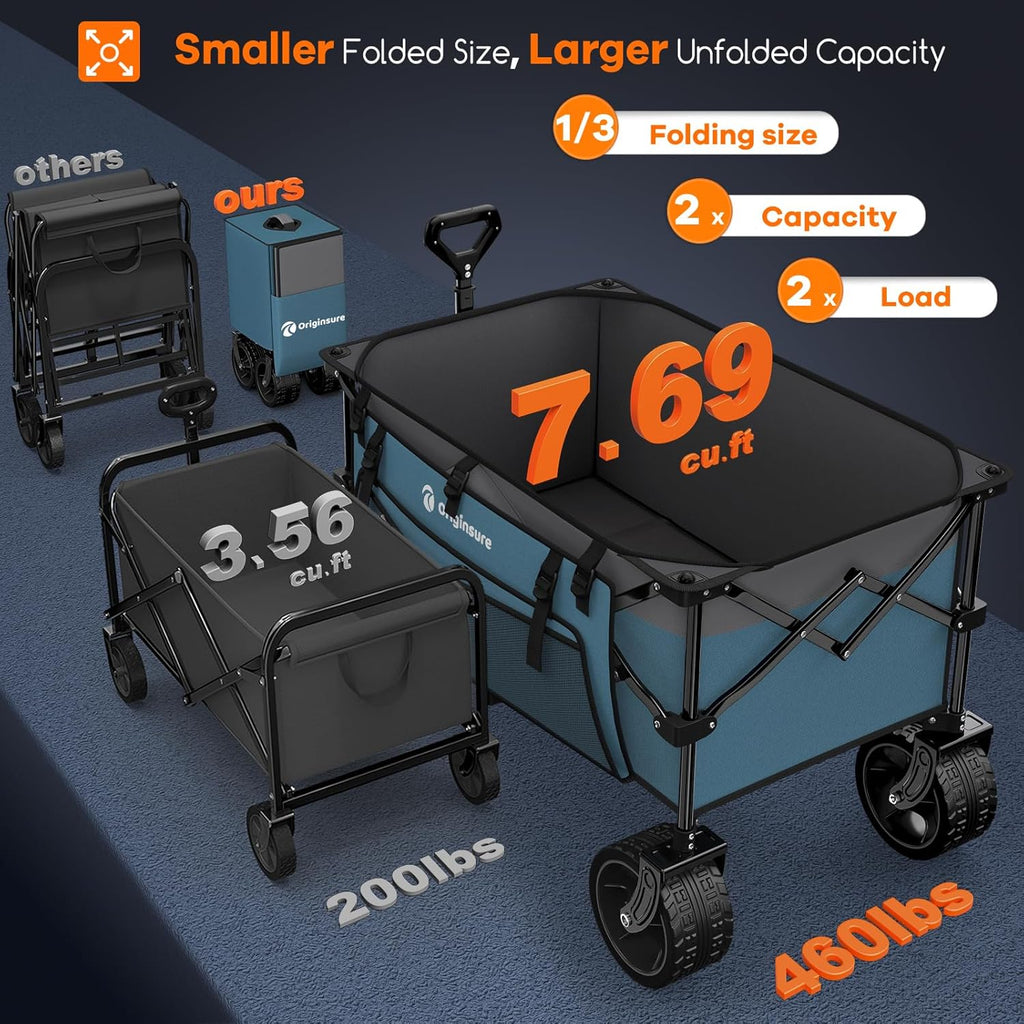 Poussette pliable à quatre roues de 96 cm de long, pliable, capacité de 200 kg, poussette de plage pliable robuste de 220 litres avec de grands pneus tout-terrain