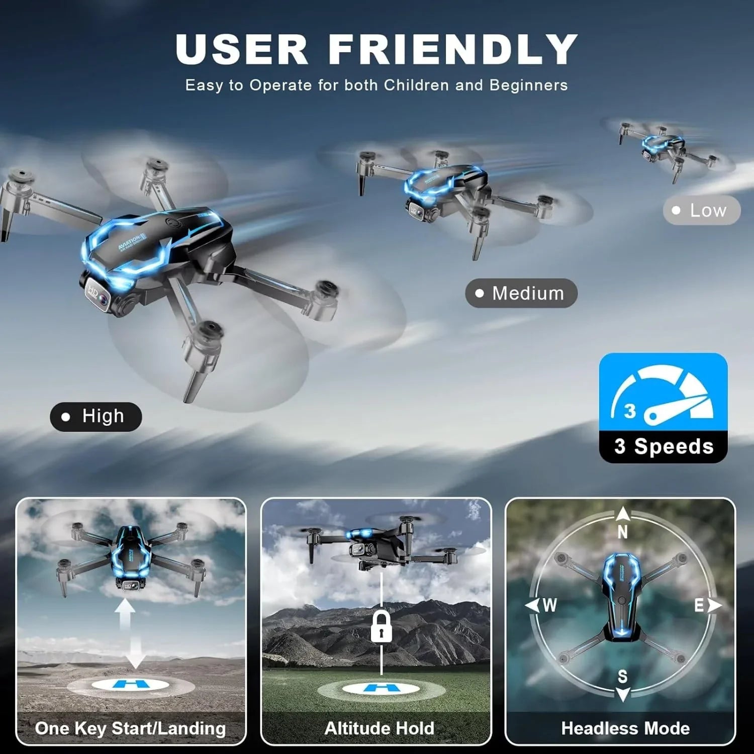 Drone FPV HD 2K pour adultes avec caméra - Maintien d'altitude pliable et portable