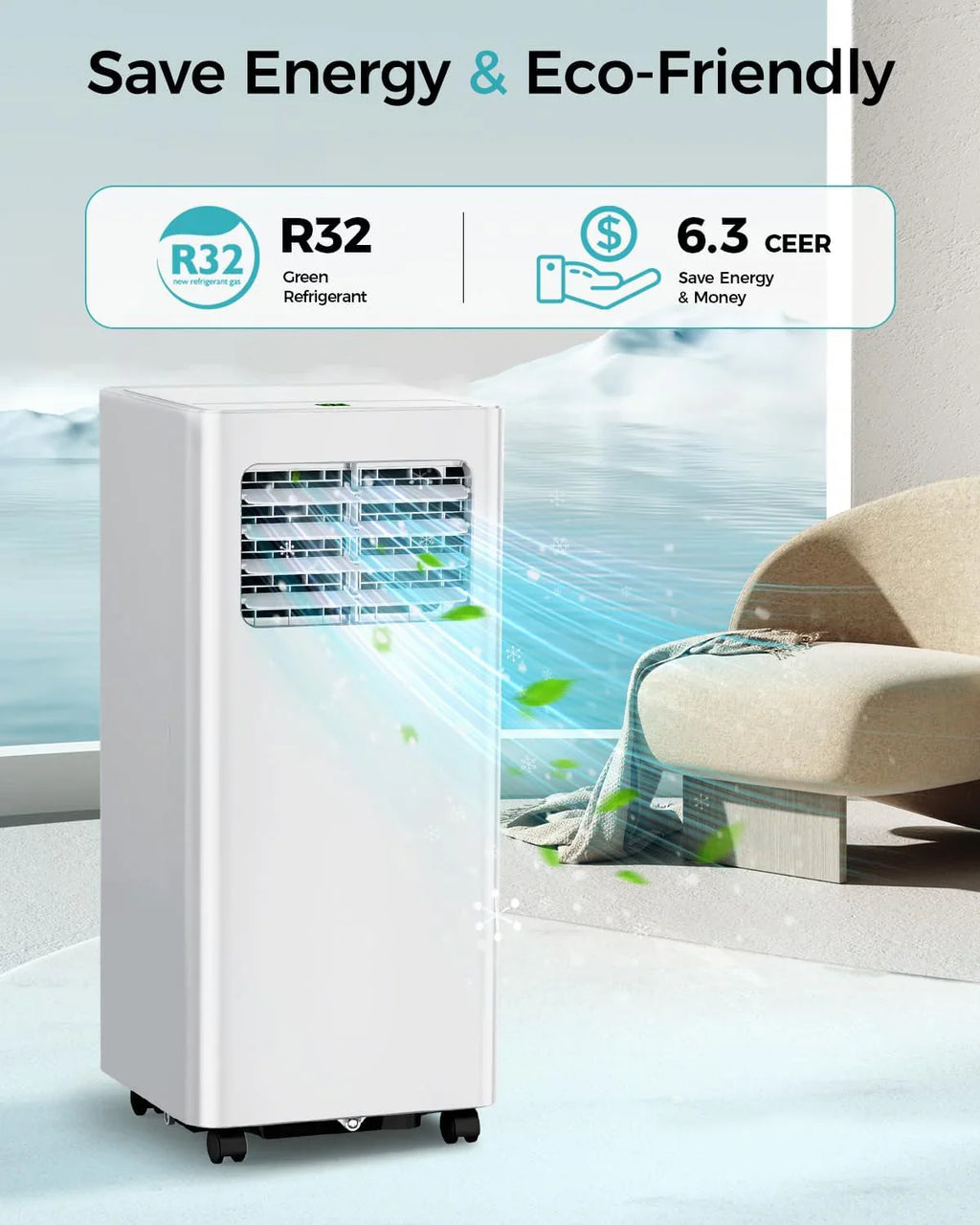 Climatiseur portatif 8 000 BTU - Unité de climatisation 3 en 1 avec télécommande, refroidissement ultra-silencieux pour pièces jusqu'à 350 pi², minuterie 24 h, mode veille
