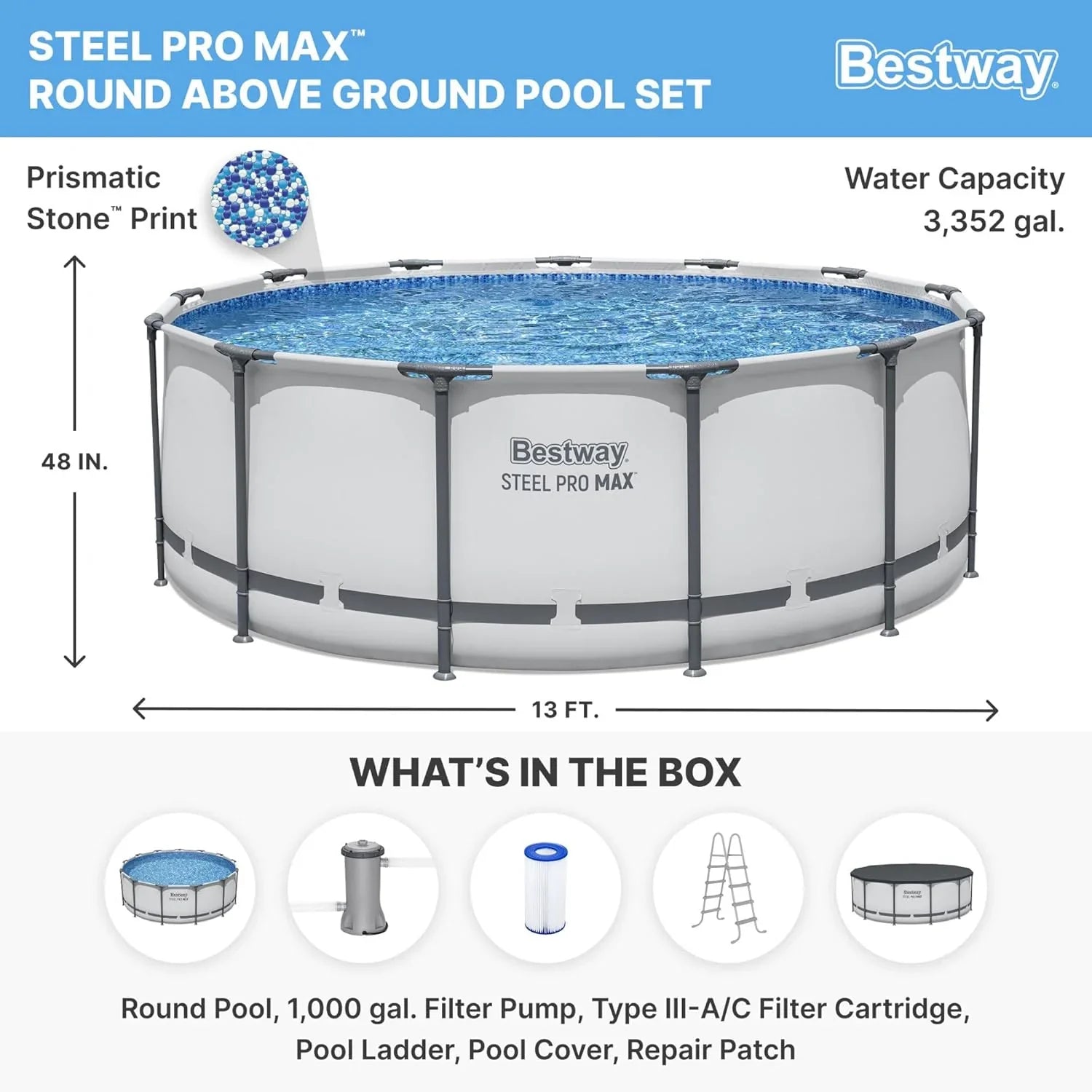 Piscine hors sol extérieure ronde Steel Pro MAX de 4,2 m x 122 cm avec cadre métallique et pompe de filtration de 1 000 litres, échelle et bâche