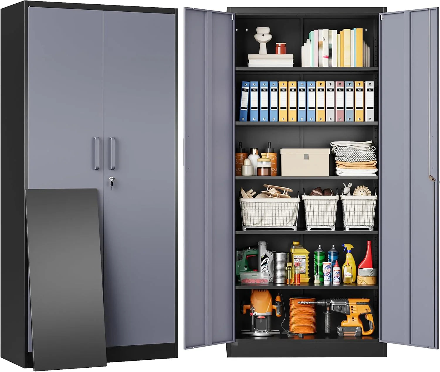 Armoire de rangement en métal avec 2 portes et 6 étagères, armoire en métal noir avec serrure, armoire de rangement verrouillable pour garage de 71 pouces