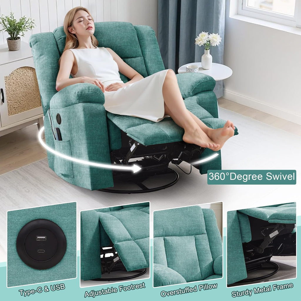 Fauteuil à bascule pour adulte, fauteuil inclinable coulissant, fauteuil à bascule rotatif à 360° avec fonction massage et chauffage