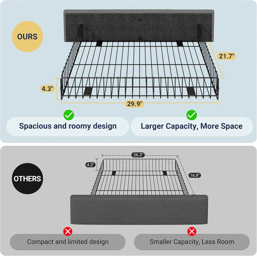 Cadre de lit plateforme Allewie rembourré Queen Size avec 4 tiroirs de rangement et tête de lit, capitonné à boutons à coutures carrées, sommier à lattes en bois, pas besoin de sommier.