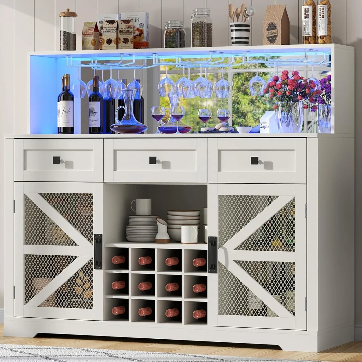 Bar à vin avec éclairage LED, meuble à liqueur avec porte-verres, bar à café pour liqueurs, buffet de rangement avec casiers à vin, armoire à vin