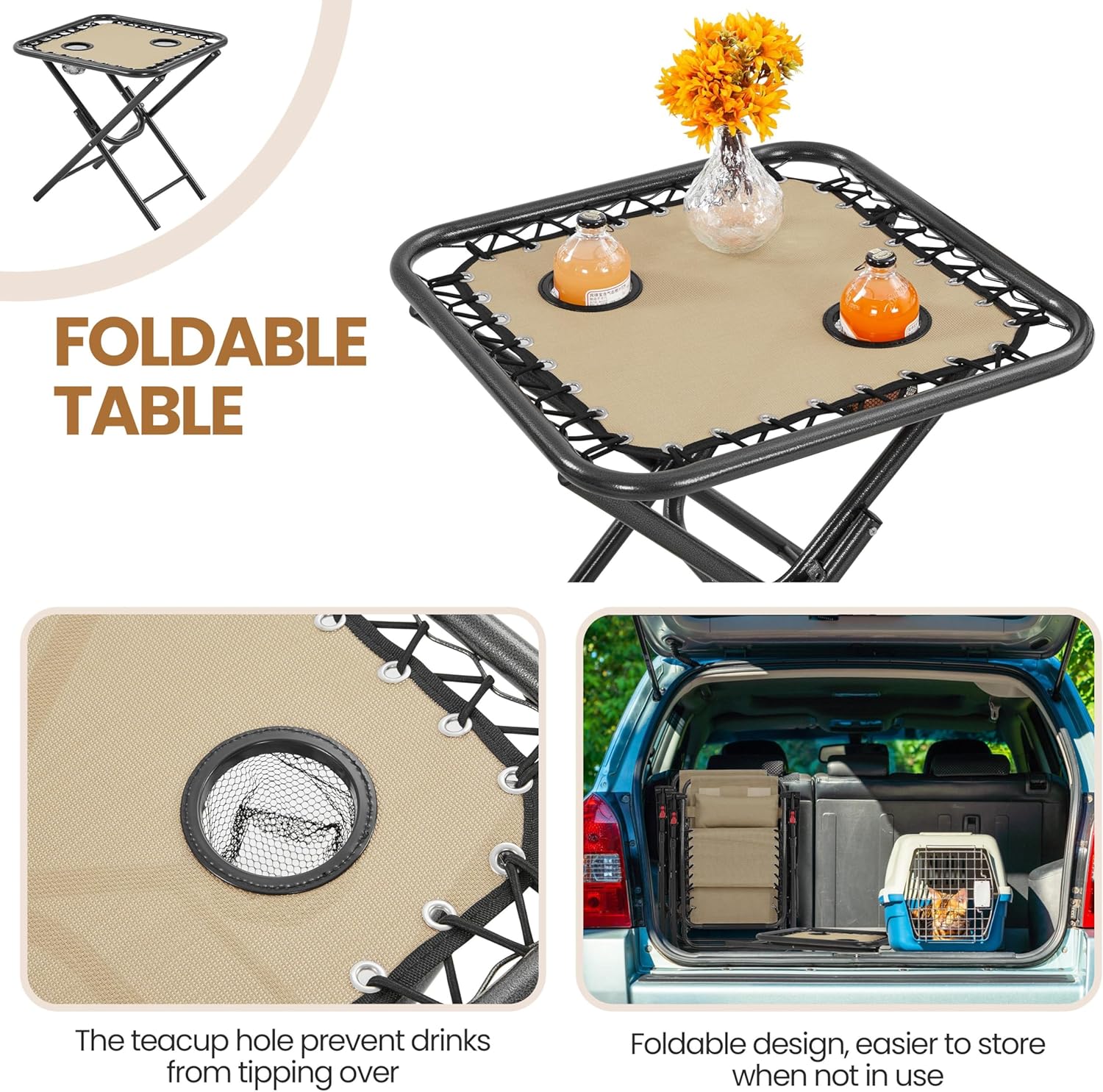 Ensemble de 3 chaises inclinables portables d'extérieur à gravité zéro avec table d'appoint et chaises longues pliantes