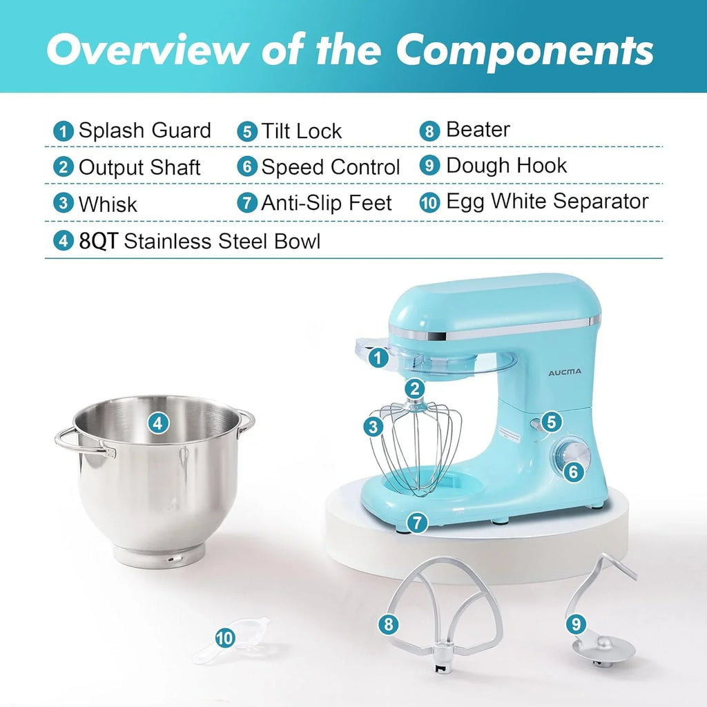 Batteur sur socle Aucma, 6,5 pintes, 660 W, 6 vitesses, tête inclinable, batteur électrique de cuisine avec crochet pétrisseur