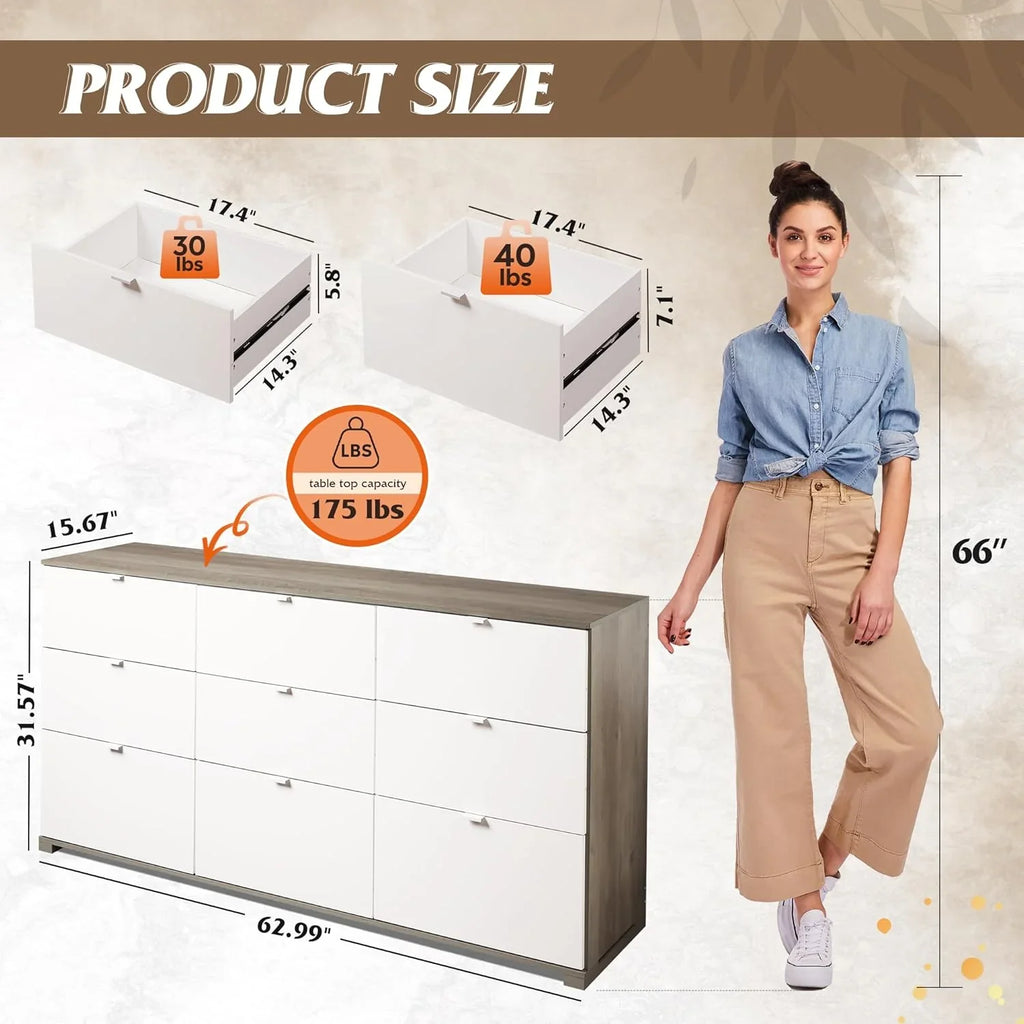 Commode LED à 9 tiroirs pour chambre à coucher, 148 cm de large, organiseur de rangement en bois avec prise électrique