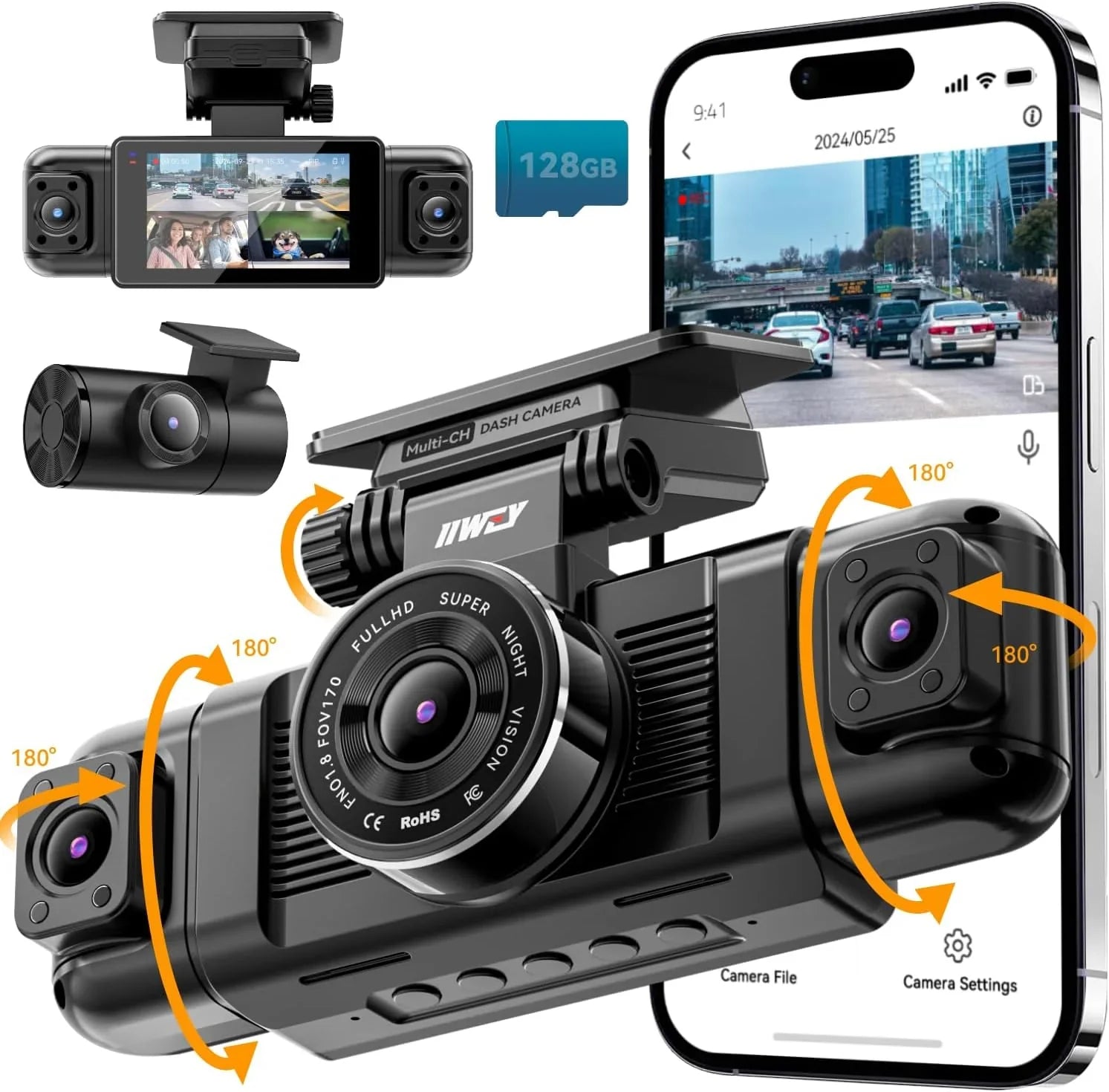 Caméra embarquée Channel Dash Cam 360°, 1080p, vision nocturne à 8 lumières infrarouges, Wi-Fi 5G et contrôle par application, accéléromètre, mode stationnement, carte SD 128 Go gratuite.
