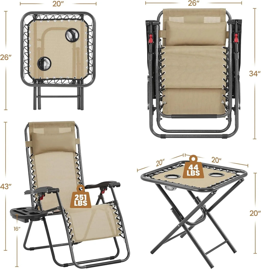 Ensemble de 3 chaises inclinables portables d'extérieur à gravité zéro avec table d'appoint et chaises longues pliantes