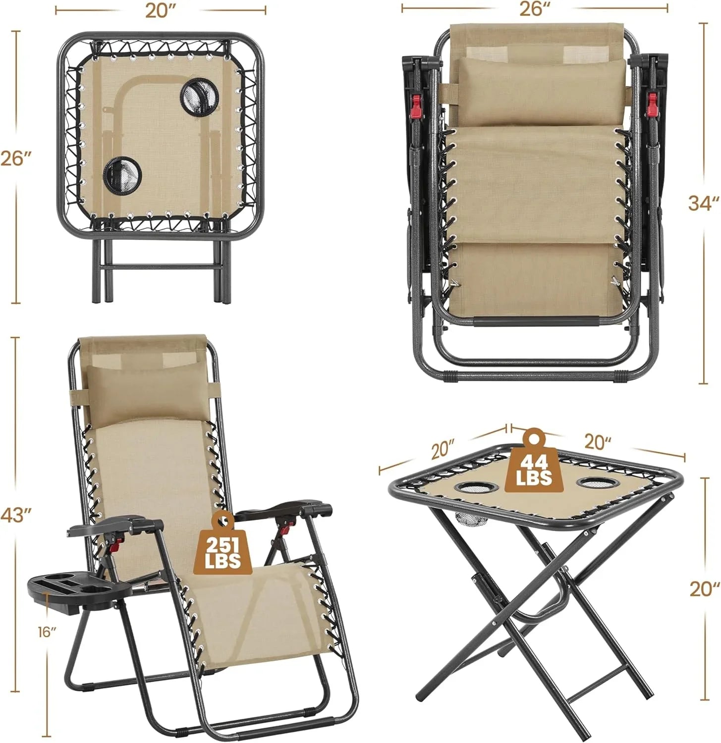 Ensemble de 3 chaises inclinables portables d'extérieur à gravité zéro avec table d'appoint et chaises longues pliantes