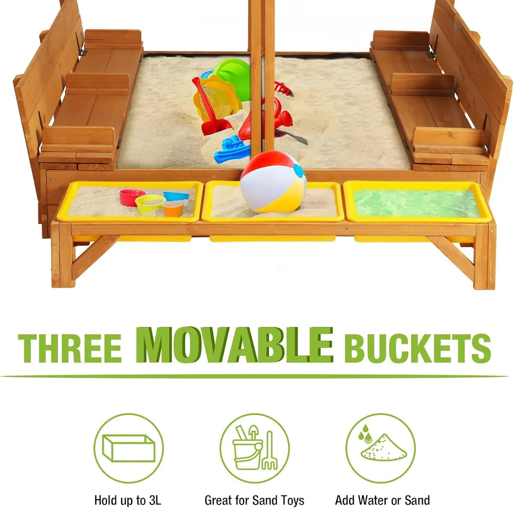 Bac à sable extérieur en bois pour enfants avec auvent, 2 bancs pliants, toit rétractable et pare-sable