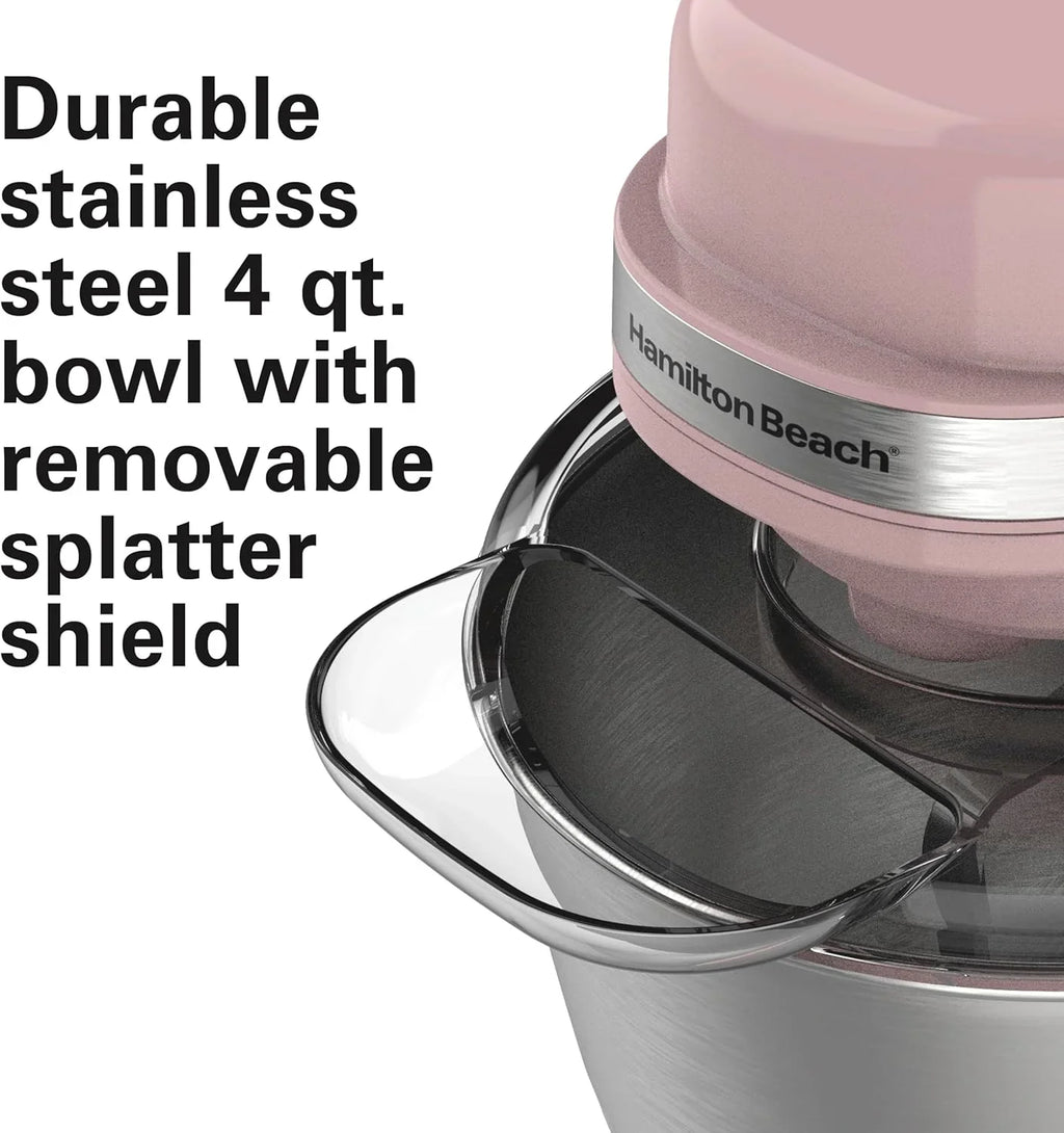 Batteur sur socle électrique Hamilton Beach, 4 litres, crochet pétrisseur, batteur plat, protection anti-éclaboussures, 7 vitesses avec fouet