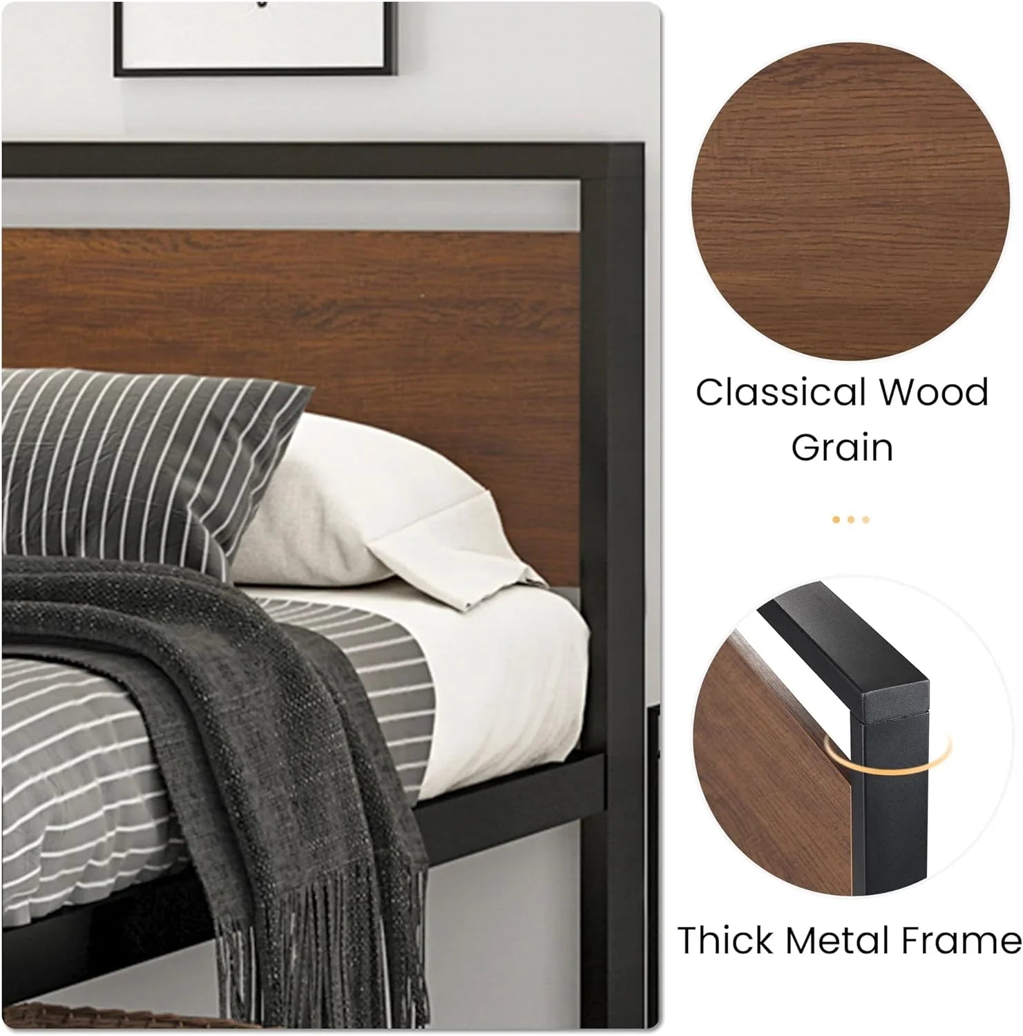 Cadre de lit plateforme en métal SHA CERLIN 14" Queen, antidérapant et silencieux, chêne noir