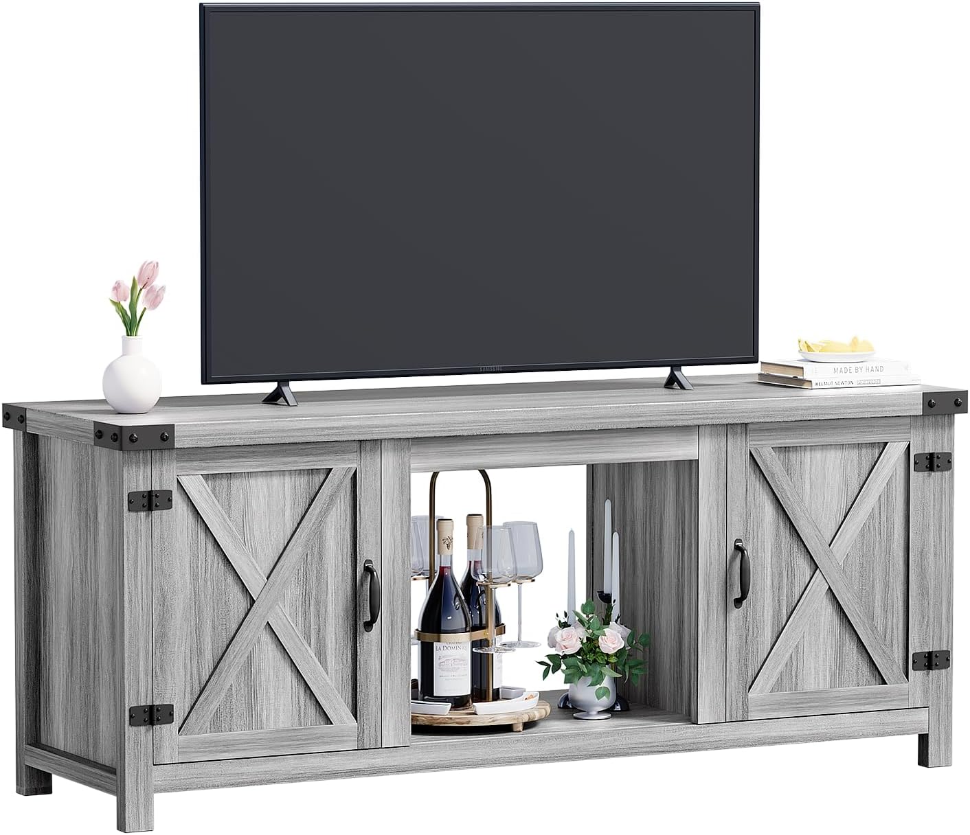 YESHOMY tv-meubel met open haard en twee schuifdeuren, opbergkasten voor tv's tot 65 inch en groter, entertainmentmeubel, mediameubel voor de woonkamer, 58 inch 