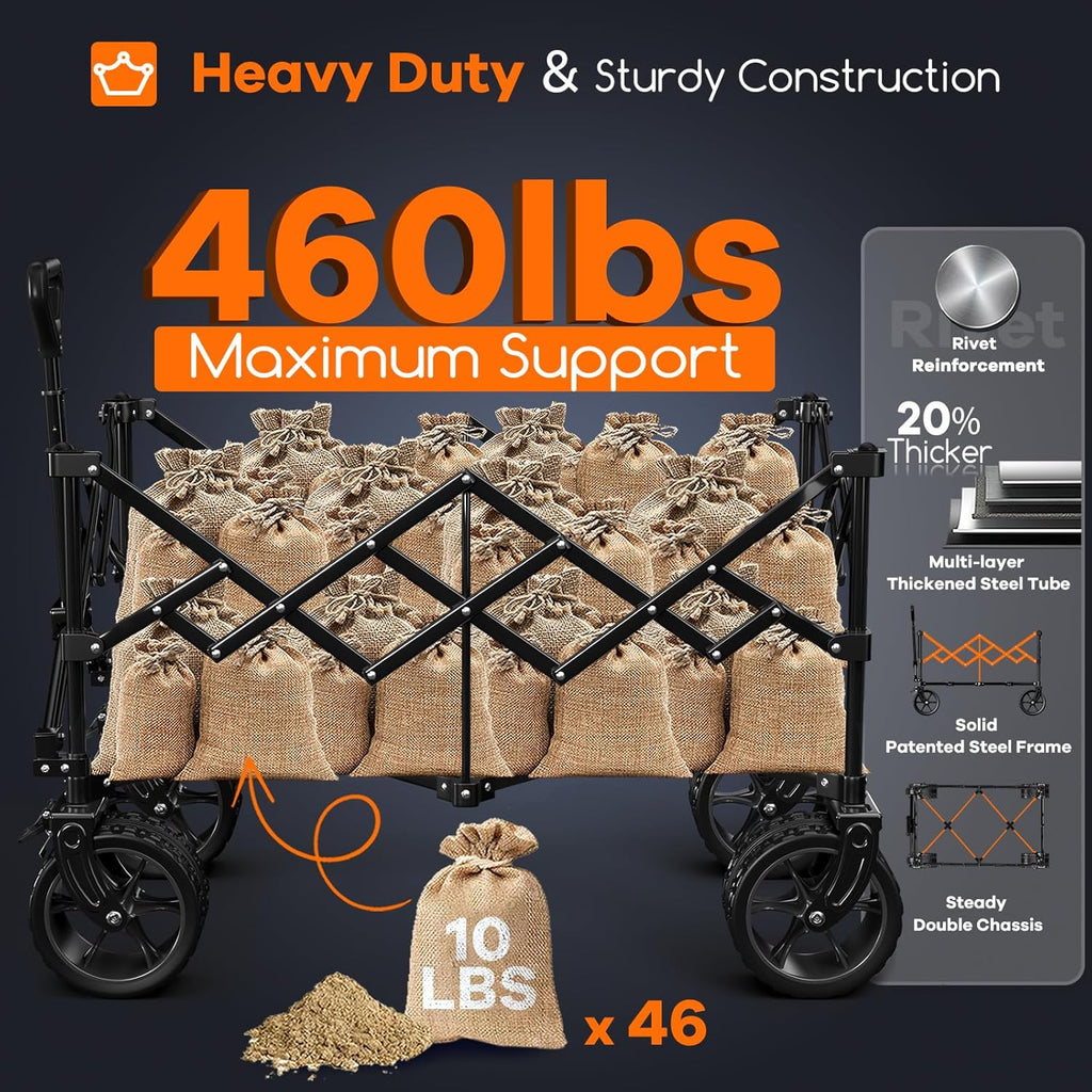 Poussette pliable à quatre roues de 96 cm de long, pliable, capacité de 200 kg, poussette de plage pliable robuste de 220 litres avec de grands pneus tout-terrain