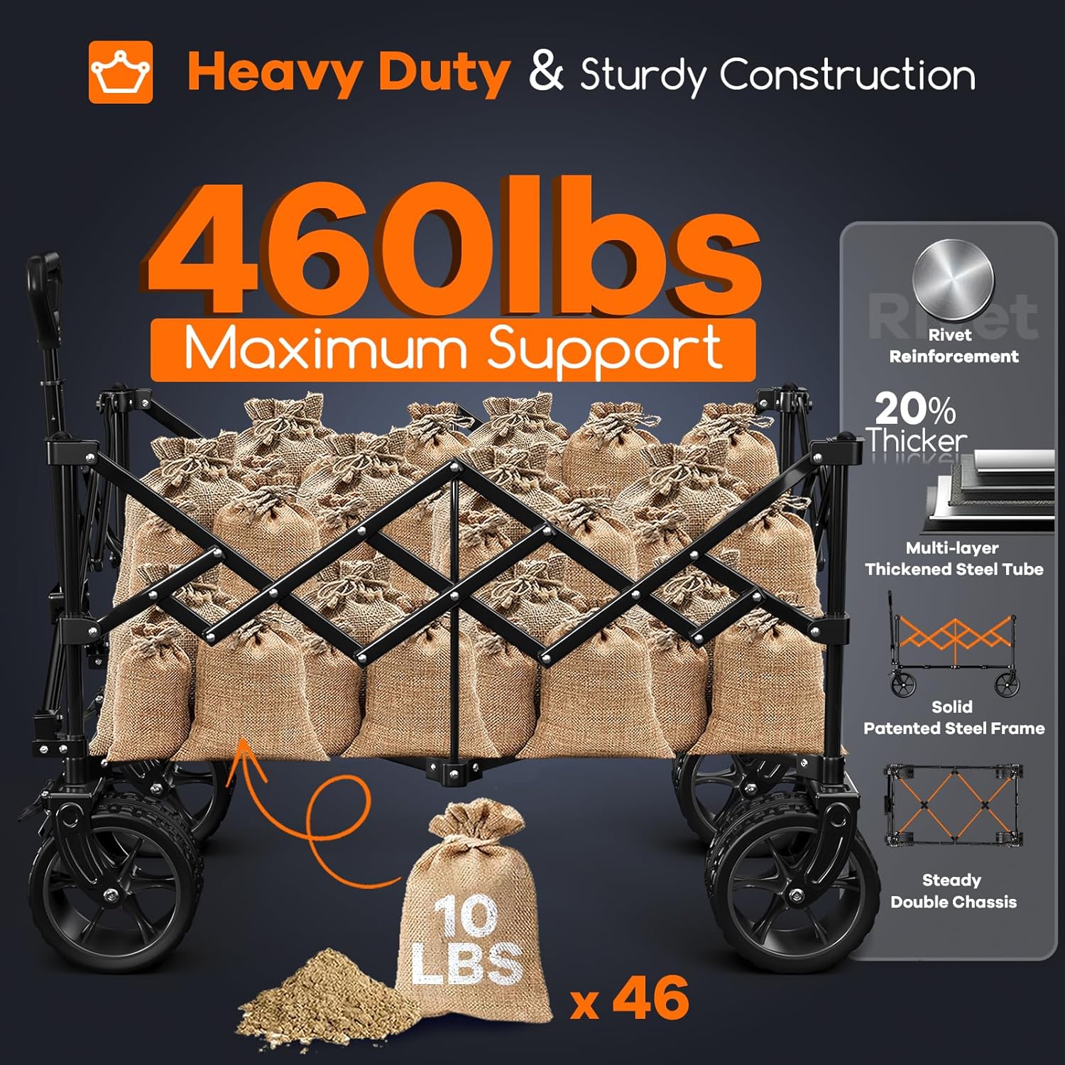 Poussette pliable à quatre roues de 96 cm de long, pliable, capacité de 200 kg, poussette de plage pliable robuste de 220 litres avec de grands pneus tout-terrain