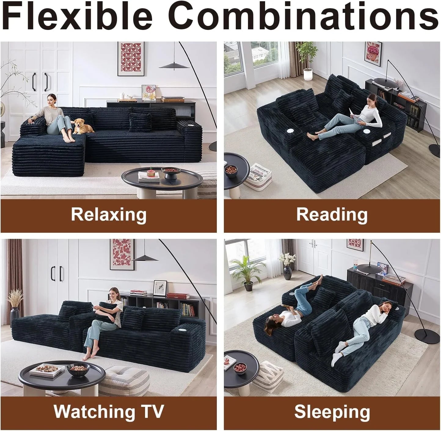 Cloud section sofa with L-shaped recliner, modern modular sofa, built-in cup holder