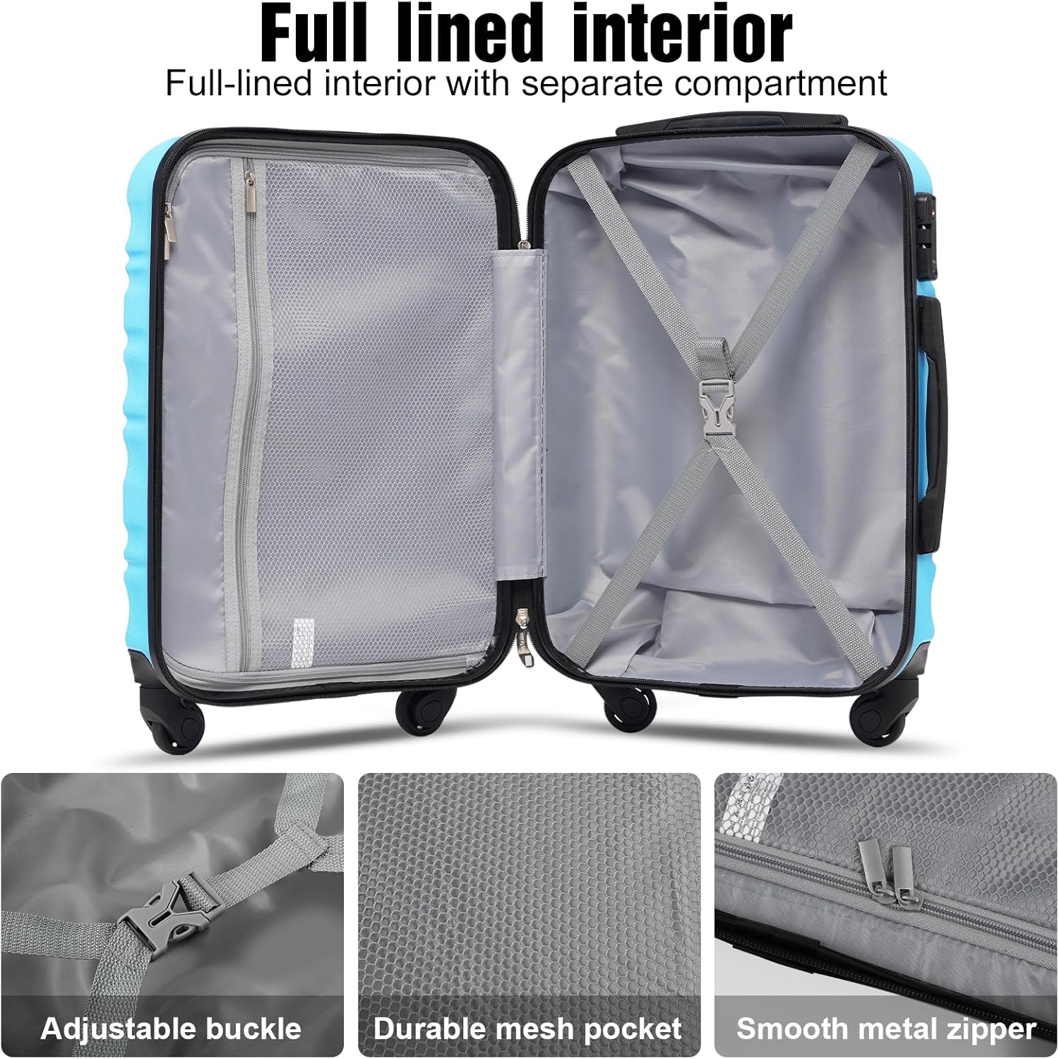 Ensemble de bagages LONG VACANCES 6 pièces : valise cabine rigide en ABS et PC, roulettes pivotantes et fermeture éclair YKK, cadenas TSA