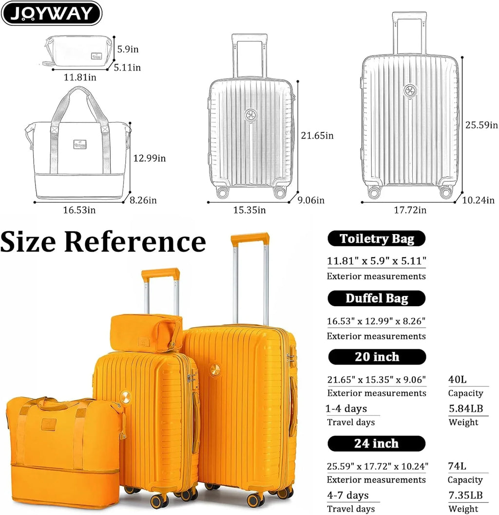 Ensemble de 5 valises de voyage légères à coque rigide en PP avec deux roulettes pivotantes et serrure TSA