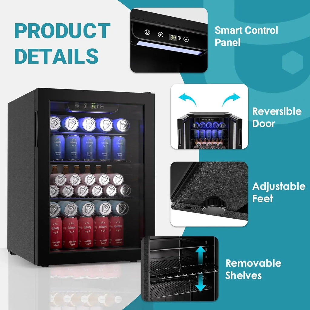 Réfrigérateur à boissons EUHOMY, mini-réfrigérateur 130 canettes avec porte vitrée pour soda, bière ou vin, refroidisseur de boissons pour la maison et le bureau