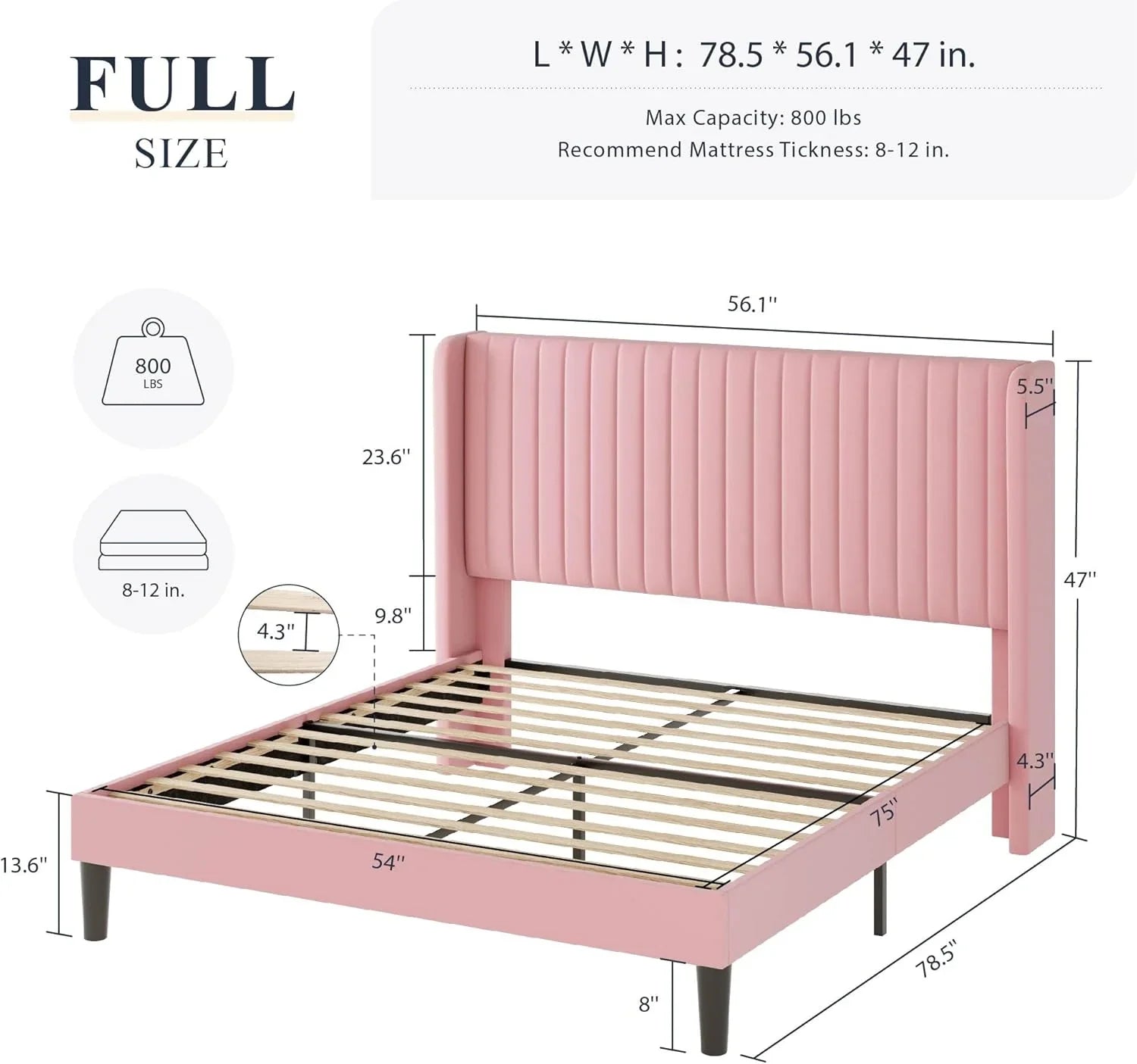 Cadre de lit Allewie en velours pleine grandeur/tête de lit capitonnée à oreilles verticales/lit plateforme rembourré/lattes en bois robustes