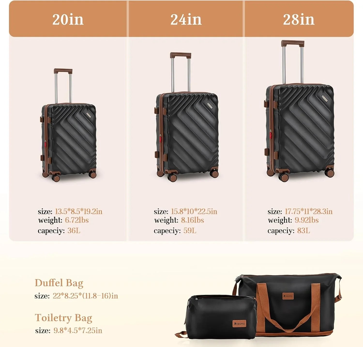 Ensemble de bagages 5 pièces valise extensible 22x14x9 certifié aviation ensemble de voyage étanche durable