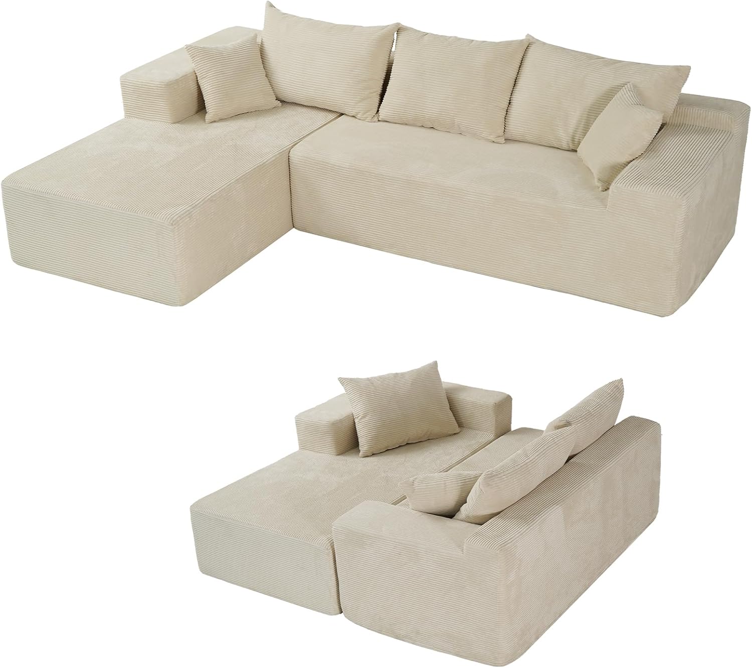 Cloud sofa with L-shaped lounge chair, modern modular sofa with deep seats