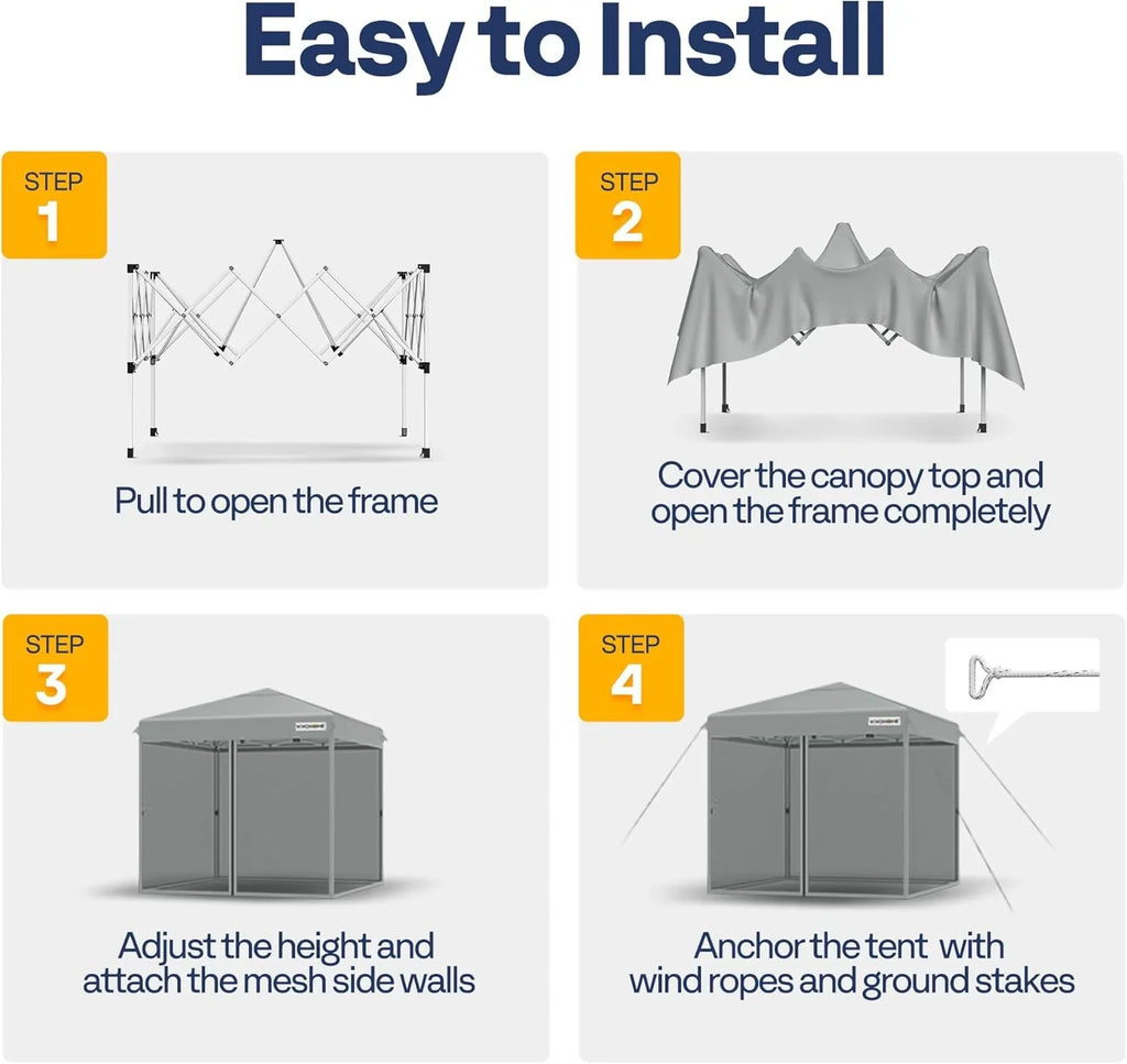 Auvent escamotable facile à monter de 10 x 10 pieds, tente moustiquaire d'extérieur avec moustiquaire, 2 portes à glissière et sac à roulettes