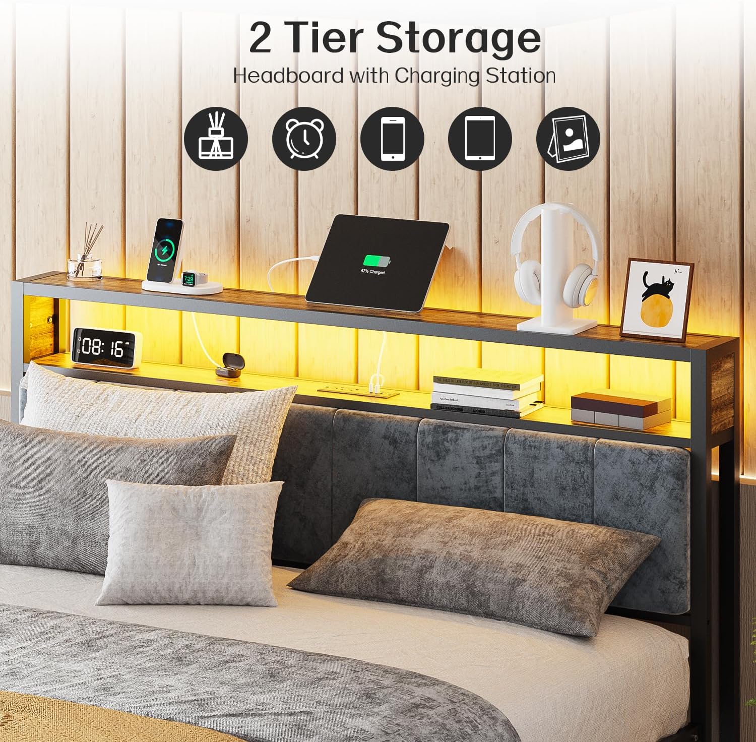 Cadre de lit simple OLEVS avec tête de lit et station de charge de type C