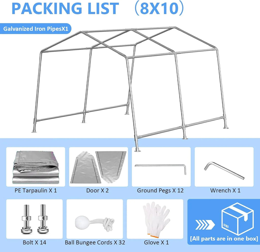 Abri d'auto robuste de 6 x 8 pieds, garage portable avec parois latérales amovibles et porte, bâche quatre saisons