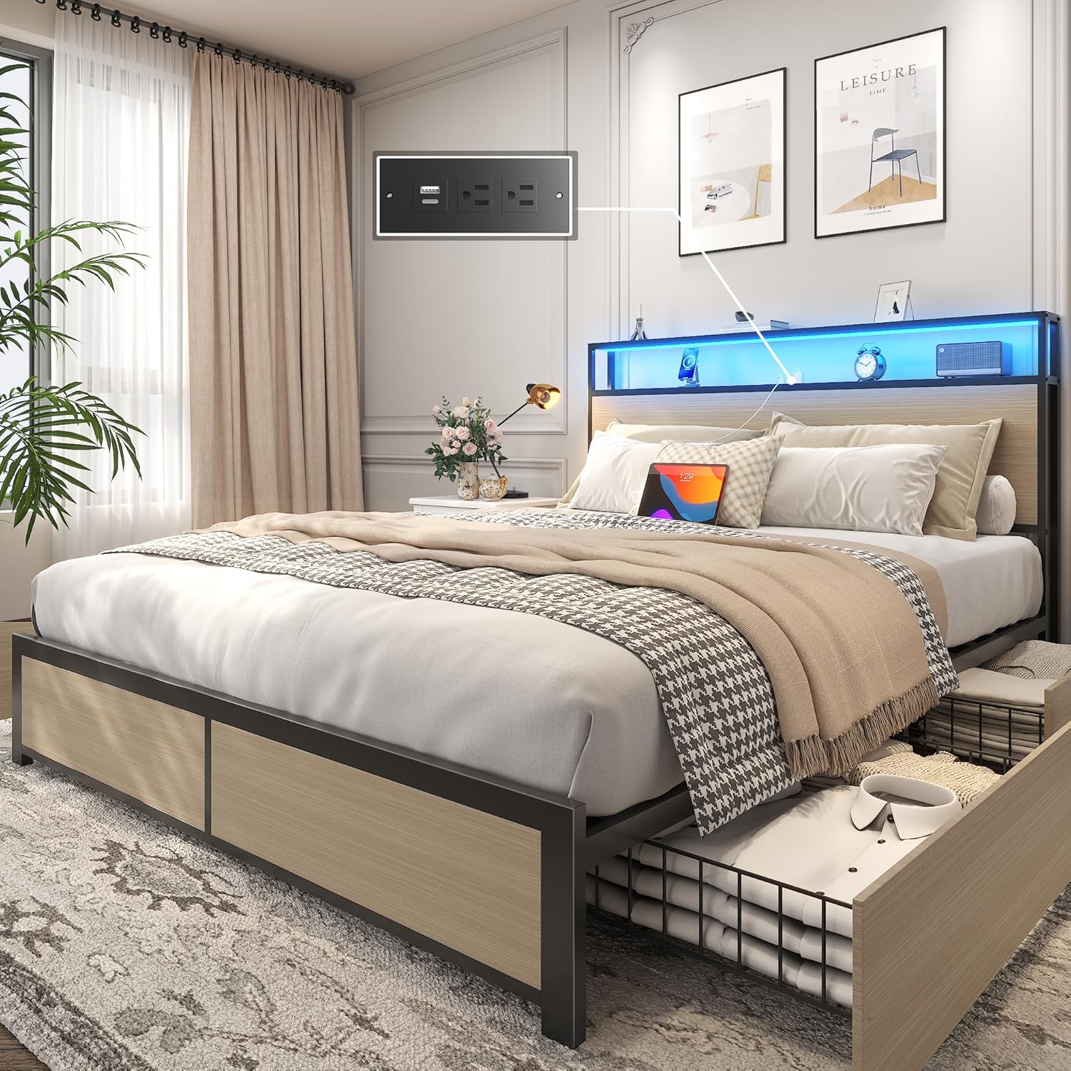 Cadre de lit Queen Lifezone avec tête de lit double et plateau de rangement en métal