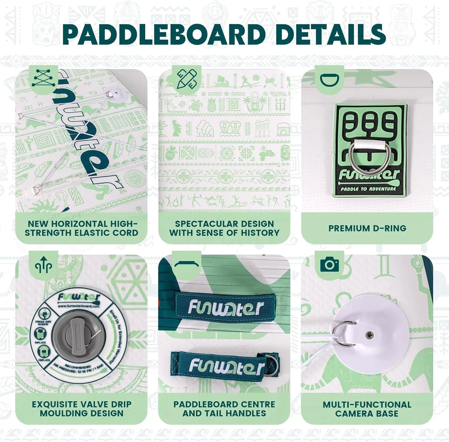 Planche de stand up paddle gonflable FunWater avec accessoires de pagaie SUP haut de gamme, pont EVA antidérapant, pagaie 11'/10'6'