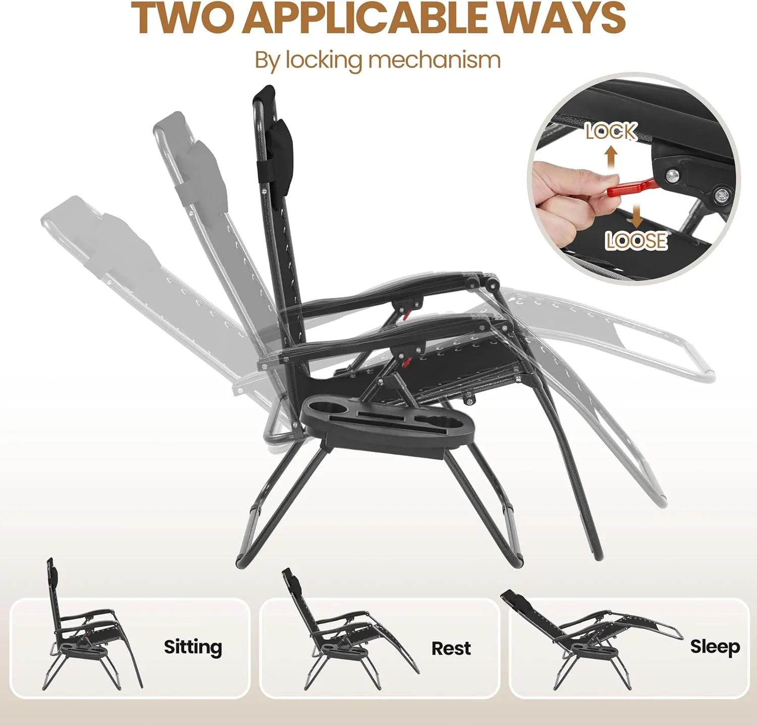 Ensemble de 3 chaises inclinables portables d'extérieur à gravité zéro avec table d'appoint et chaises longues pliantes