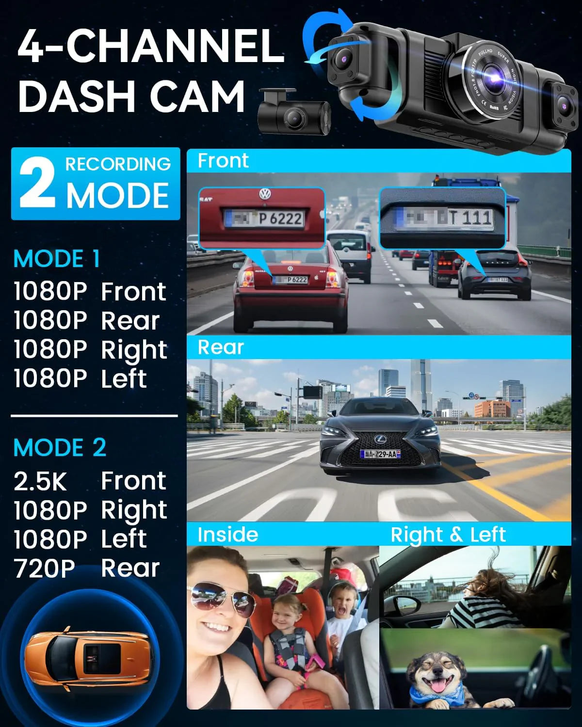 Caméra embarquée Channel Dash Cam 360°, 1080p, vision nocturne à 8 lumières infrarouges, Wi-Fi 5G et contrôle par application, accéléromètre, mode stationnement, carte SD 128 Go gratuite.