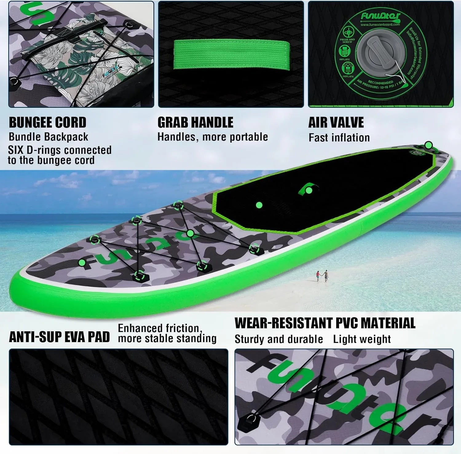 Planche de stand up paddle gonflable FunWater avec accessoires de pagaie SUP haut de gamme, pont EVA antidérapant, pagaie 11'/10'6'