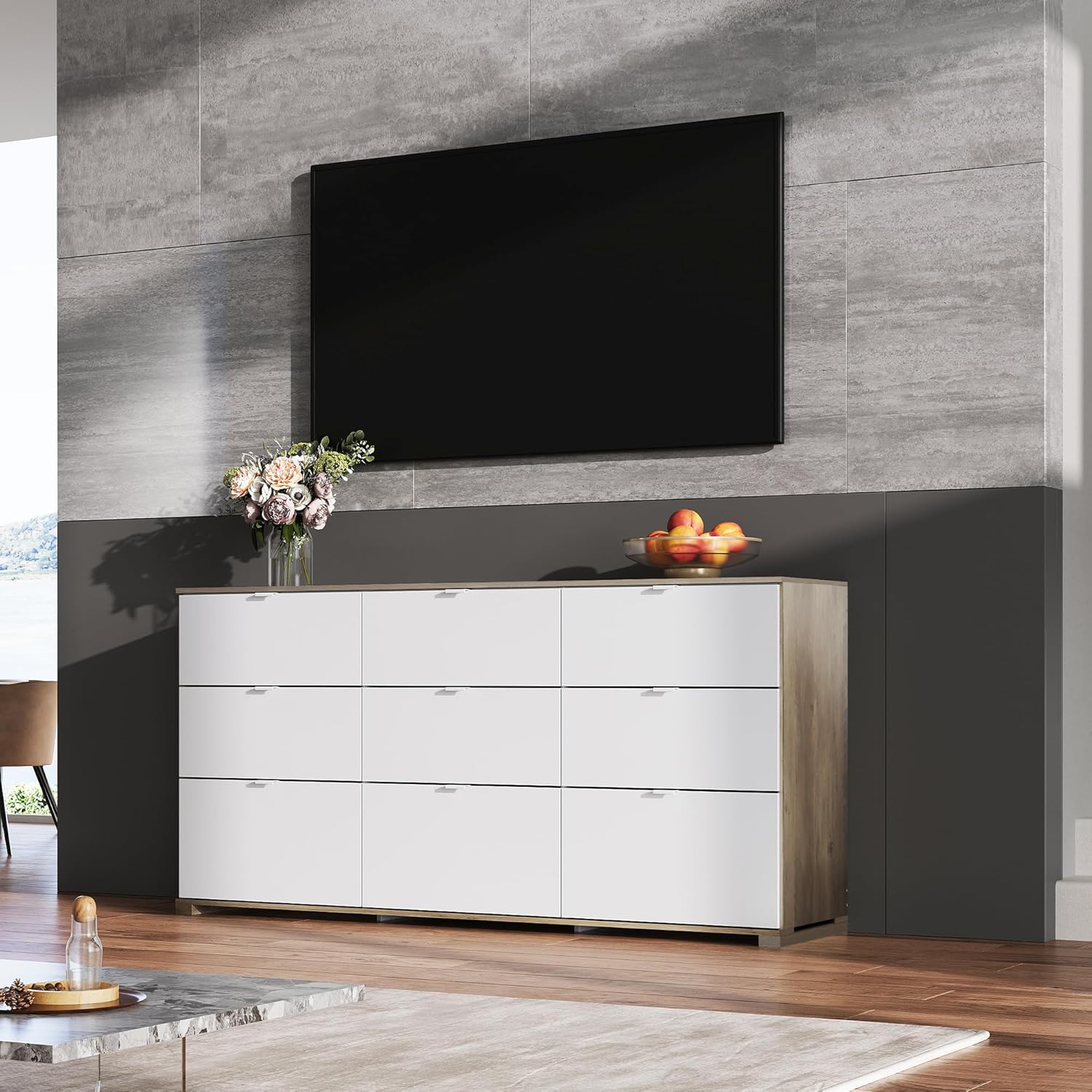 Commode LED à 9 tiroirs pour chambre à coucher, 148 cm de large, organiseur de rangement en bois avec prise électrique