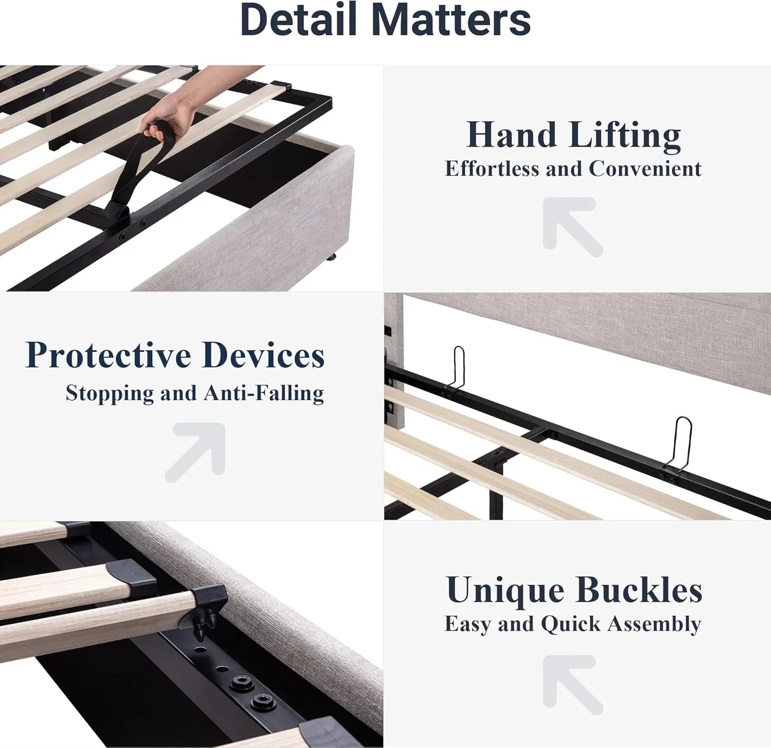 Lit queen-size relevable avec rangement Allewie, tête de lit à oreilles moderne et support hydraulique