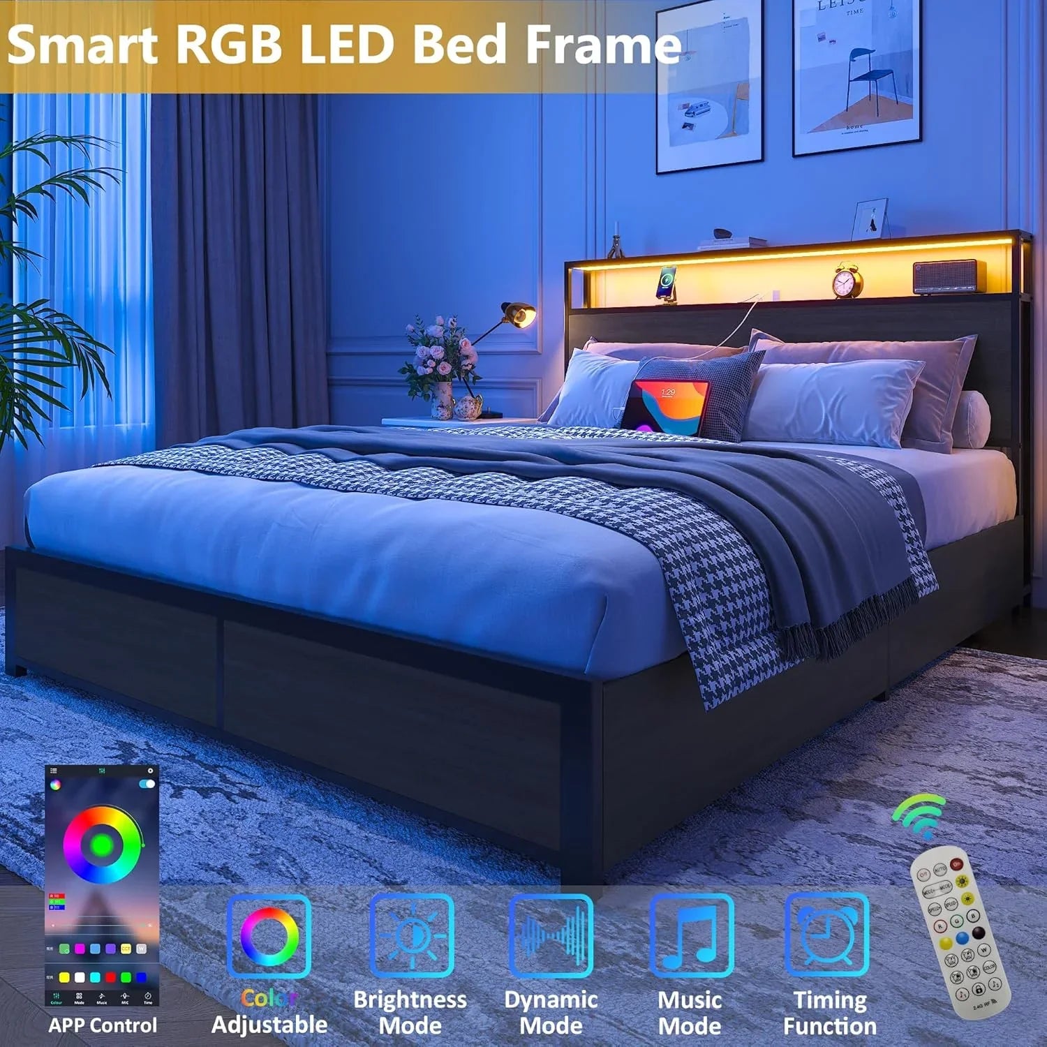 Cadre de lit Queen Lifezone avec tête de lit double et plateau de rangement en métal