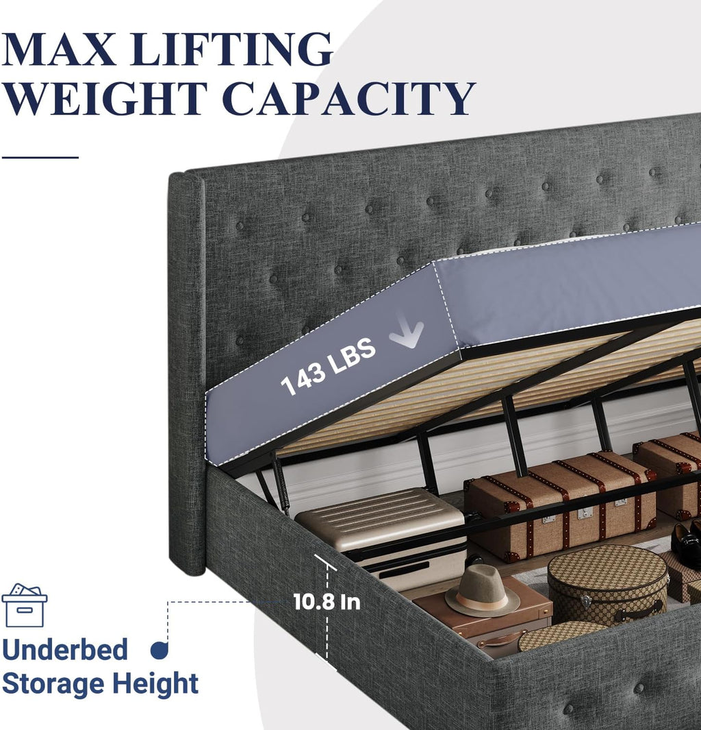 Lit queen-size relevable avec rangement Allewie, tête de lit à oreilles moderne et support hydraulique