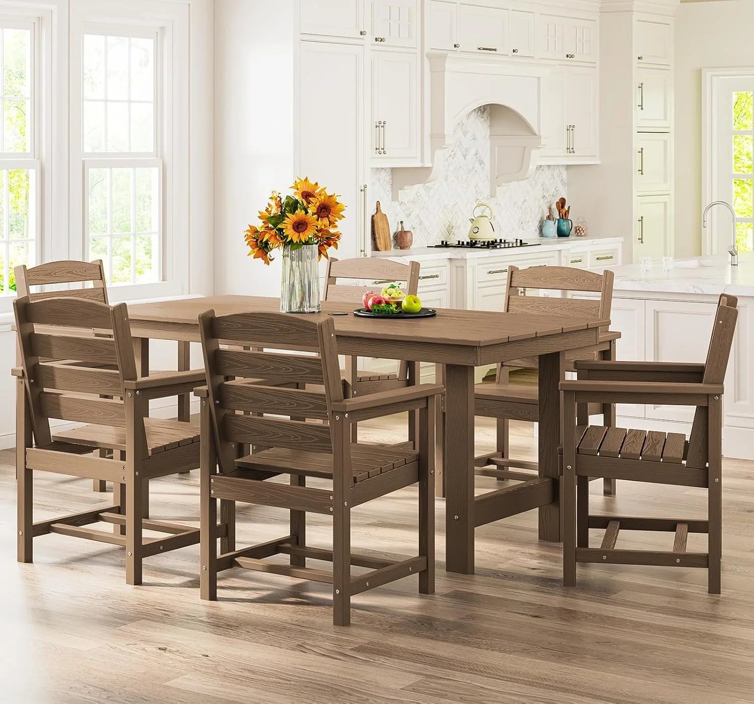 Ensemble de salle à manger d'extérieur en PEHD, 7 pièces, avec table découpée pour parasol et 6 chaises